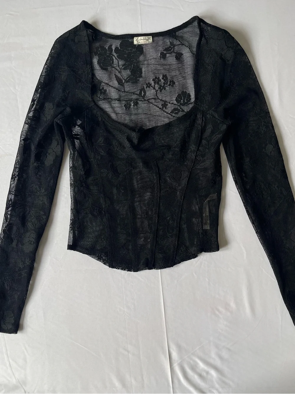 Free People Black Sheer Lace Long-Sleeve Corset Top